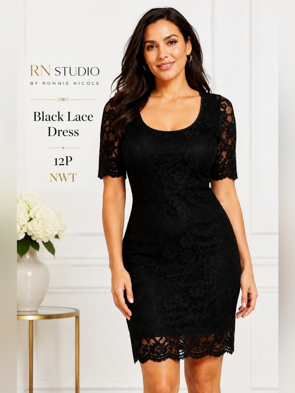 RN Studio by Ronnie Nicole Black Lace Dress 12P NWT Elegant Cocktail Party